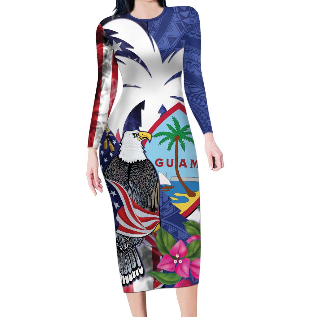 United States Guam Long Sleeve Bodycon Dress USA Eagle Guahan Seal Bougainvillea - Polynesian Pride