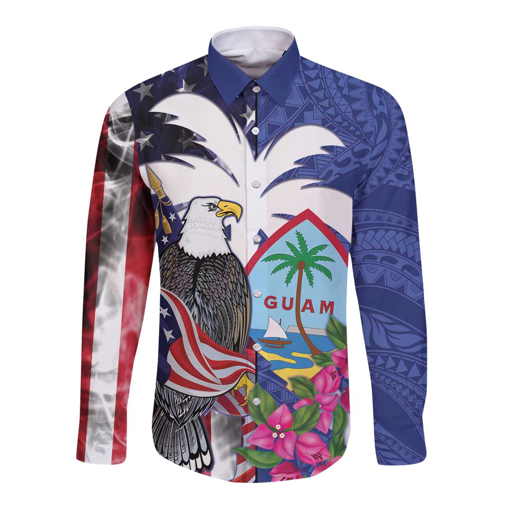 United States Guam Long Sleeve Button Shirt USA Eagle Guahan Seal Bougainvillea - Polynesian Pride