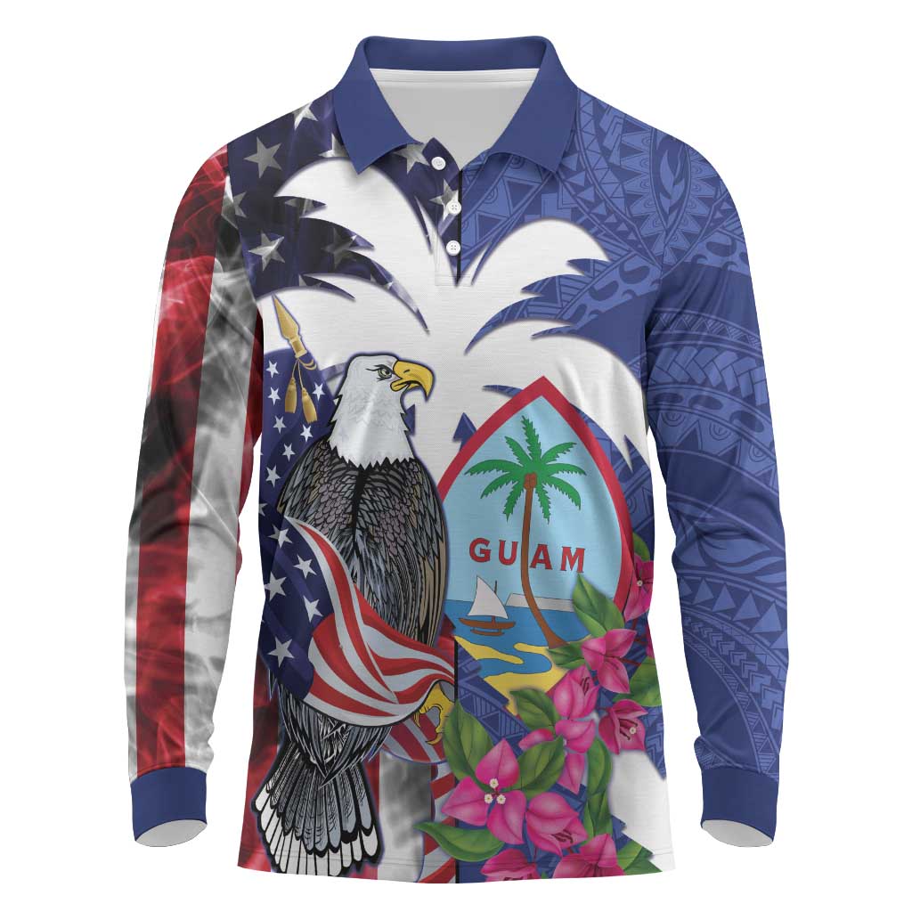 United States Guam Long Sleeve Polo Shirt USA Eagle Guahan Seal Bougainvillea - Polynesian Pride