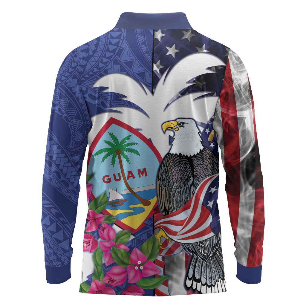 United States Guam Long Sleeve Polo Shirt USA Eagle Guahan Seal Bougainvillea - Polynesian Pride