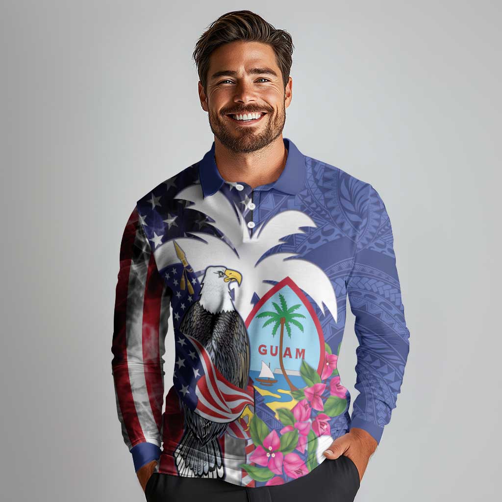 United States Guam Long Sleeve Polo Shirt USA Eagle Guahan Seal Bougainvillea - Polynesian Pride