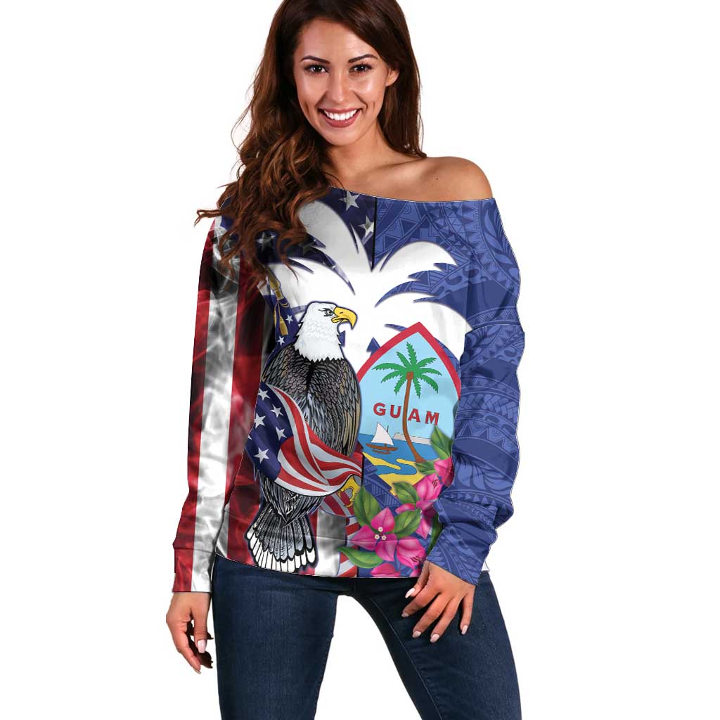 United States Guam Off Shoulder Sweater USA Eagle Guahan Seal Bougainvillea - Polynesian Pride