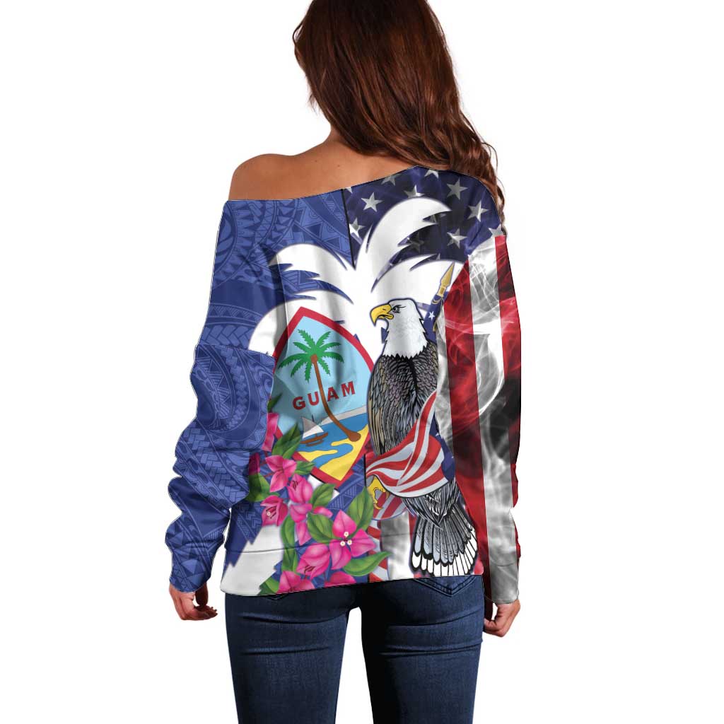 United States Guam Off Shoulder Sweater USA Eagle Guahan Seal Bougainvillea - Polynesian Pride