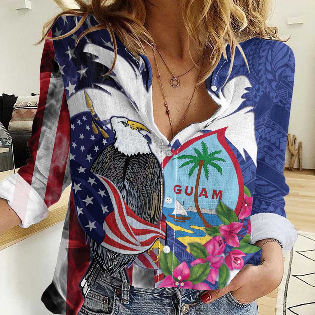 United States Guam Women Casual Shirt USA Eagle Guahan Seal Bougainvillea - Polynesian Pride