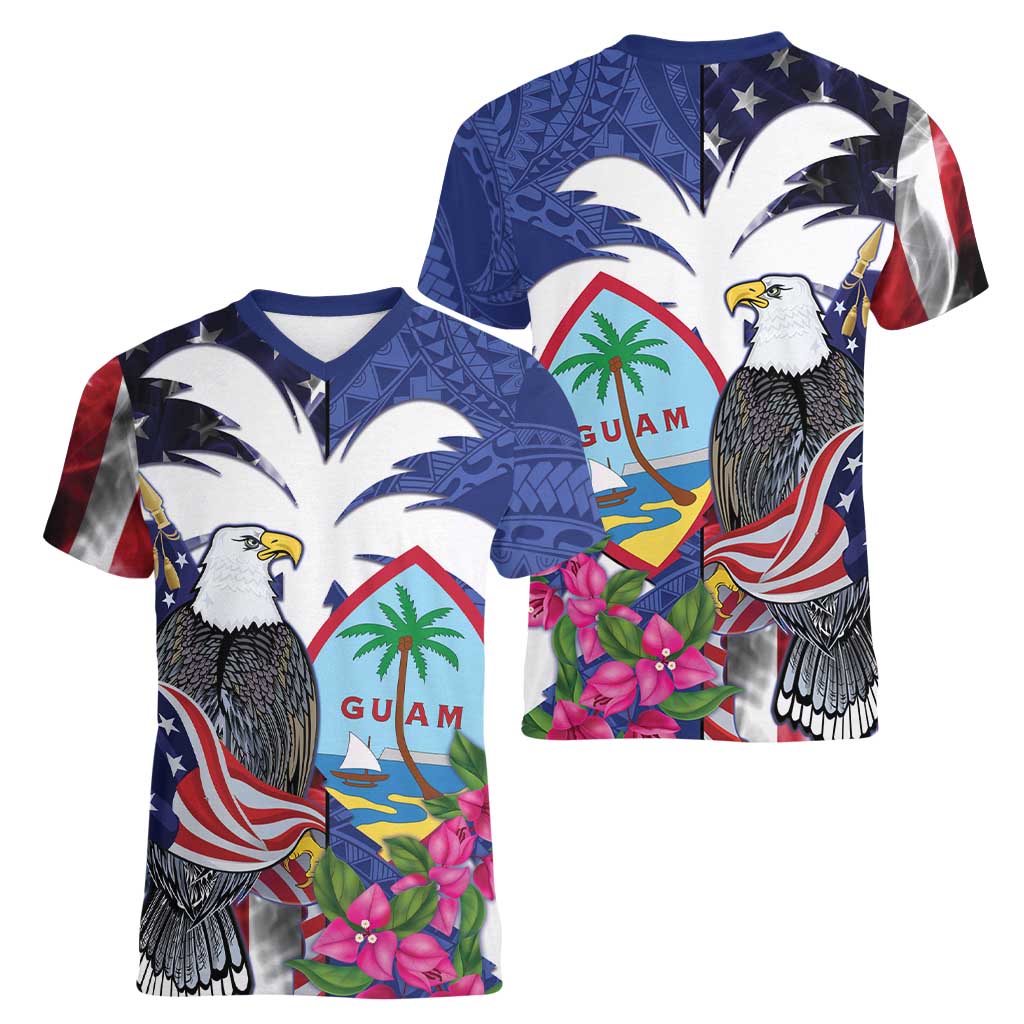 United States Guam Women V-Neck T-Shirt USA Eagle Guahan Seal Bougainvillea - Polynesian Pride