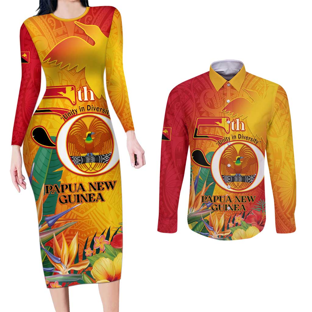 Papua New Guinea Independence Day Couples Matching Long Sleeve Bodycon Dress and Long Sleeve Button Shirt 50th Anniversary Unity in Diversity LT14 Red - Polynesian Pride