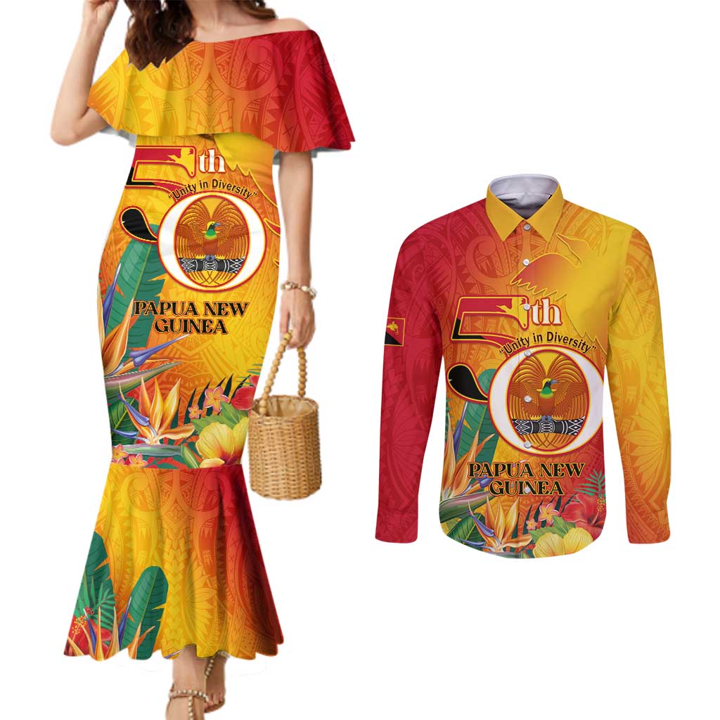 Papua New Guinea Independence Day Couples Matching Mermaid Dress and Long Sleeve Button Shirt 50th Anniversary Unity in Diversity LT14 Red - Polynesian Pride