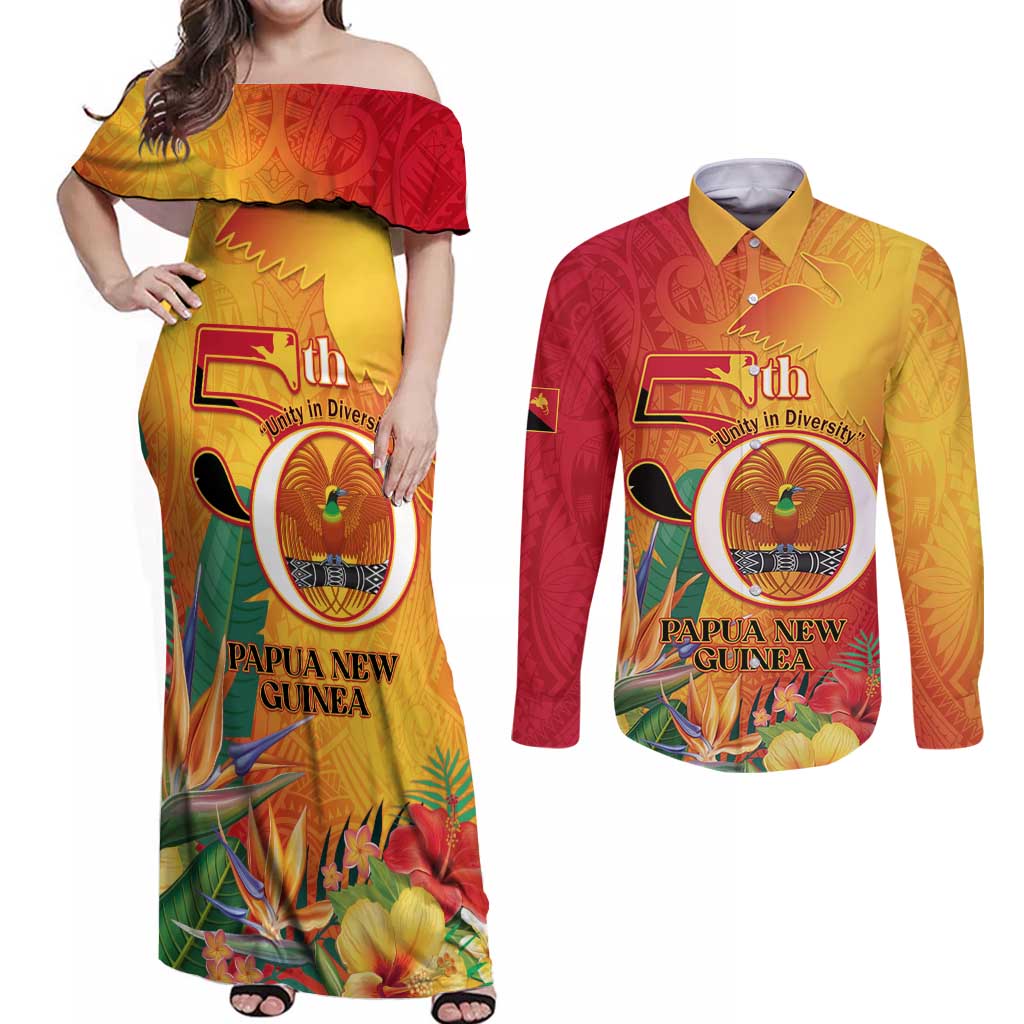 Papua New Guinea Independence Day Couples Matching Off Shoulder Maxi Dress and Long Sleeve Button Shirt 50th Anniversary Unity in Diversity LT14 Red - Polynesian Pride