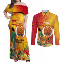 Papua New Guinea Independence Day Couples Matching Off Shoulder Maxi Dress and Long Sleeve Button Shirt 50th Anniversary Unity in Diversity LT14 Red - Polynesian Pride
