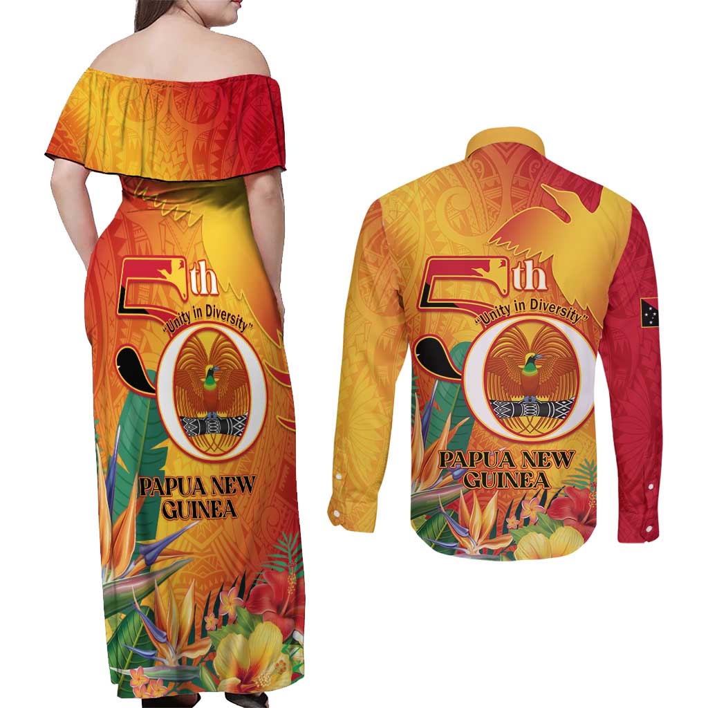 Papua New Guinea Independence Day Couples Matching Off Shoulder Maxi Dress and Long Sleeve Button Shirt 50th Anniversary Unity in Diversity LT14 - Polynesian Pride