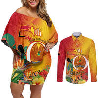 Papua New Guinea Independence Day Couples Matching Off Shoulder Short Dress and Long Sleeve Button Shirt 50th Anniversary Unity in Diversity LT14 Red - Polynesian Pride