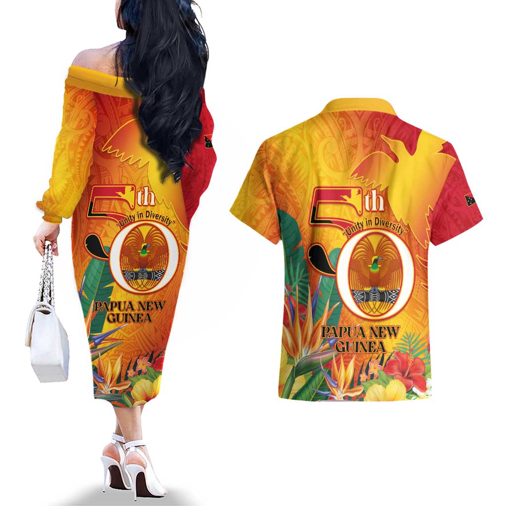 Papua New Guinea Independence Day Couples Matching Off The Shoulder Long Sleeve Dress and Hawaiian Shirt 50th Anniversary Unity in Diversity