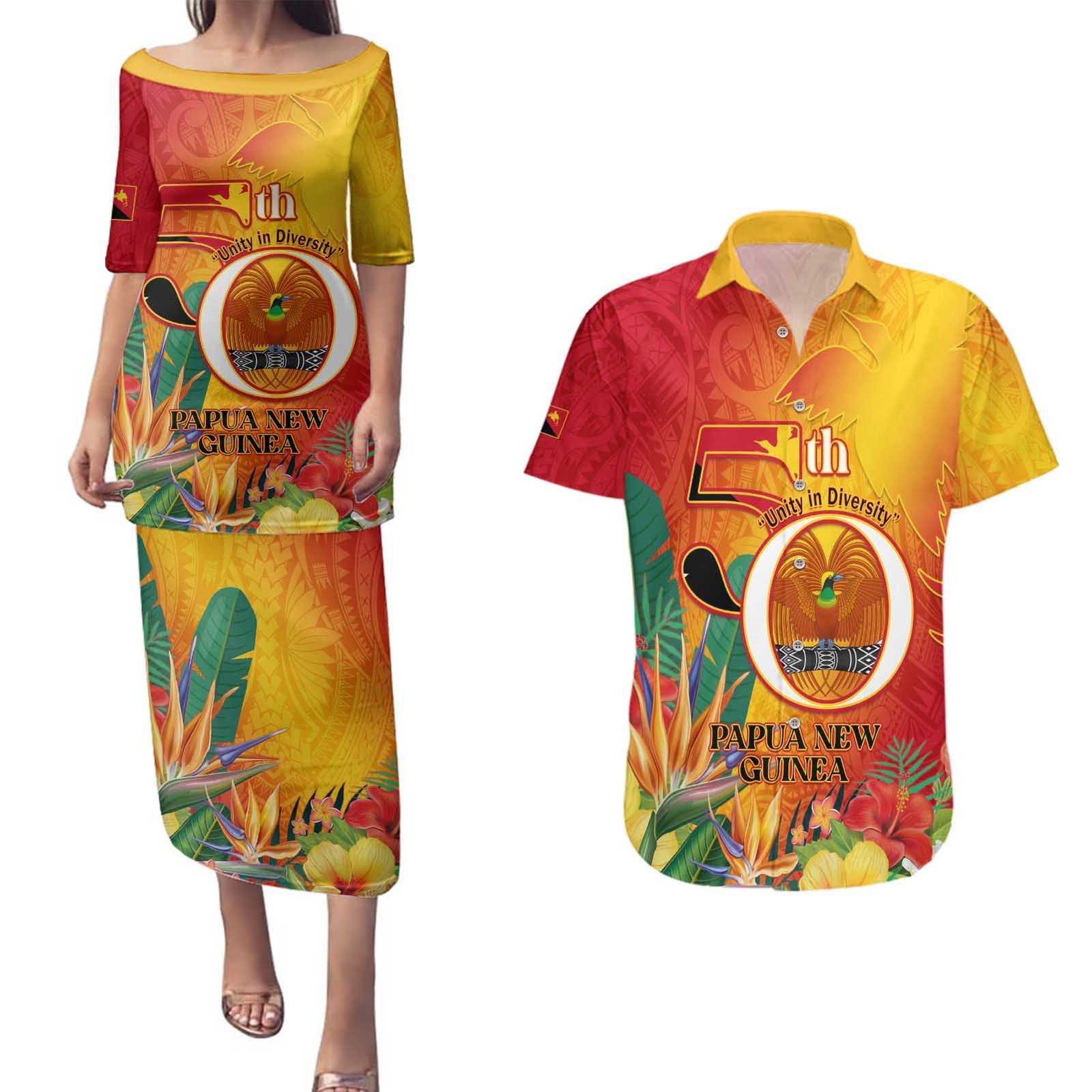 Papua New Guinea Independence Day Couples Matching Puletasi and Hawaiian Shirt 50th Anniversary Unity in Diversity LT14 Red - Polynesian Pride