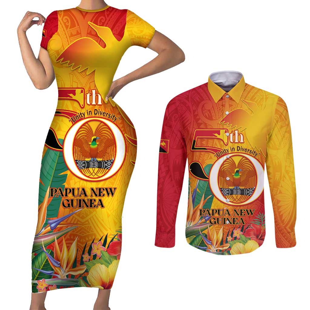 Papua New Guinea Independence Day Couples Matching Short Sleeve Bodycon Dress and Long Sleeve Button Shirt 50th Anniversary Unity in Diversity LT14 Red - Polynesian Pride