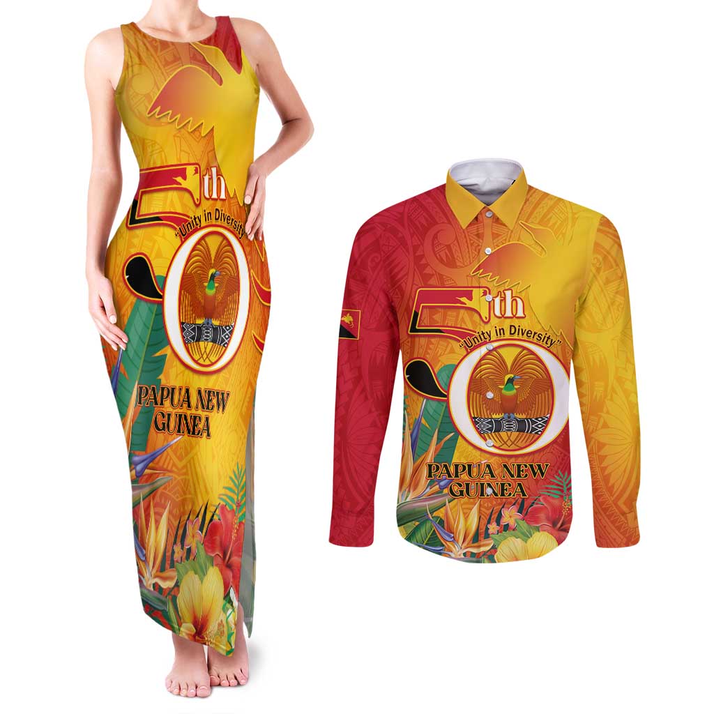 Papua New Guinea Independence Day Couples Matching Tank Maxi Dress and Long Sleeve Button Shirt 50th Anniversary Unity in Diversity LT14 Red - Polynesian Pride