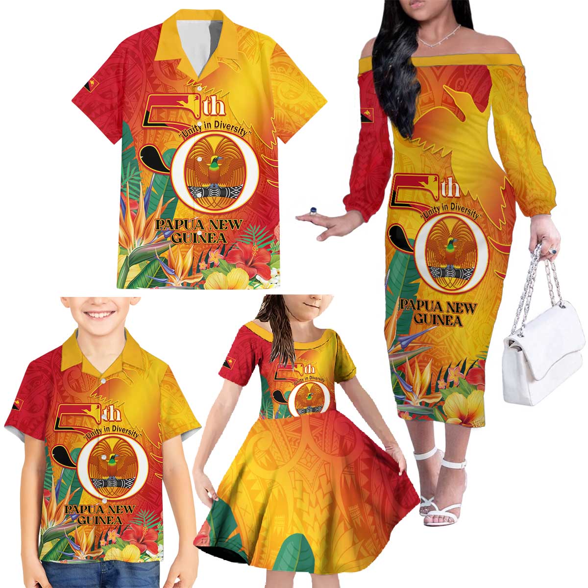 Papua New Guinea Independence Day Family Matching Off The Shoulder Long Sleeve Dress and Hawaiian Shirt 50th Anniversary Unity in Diversity