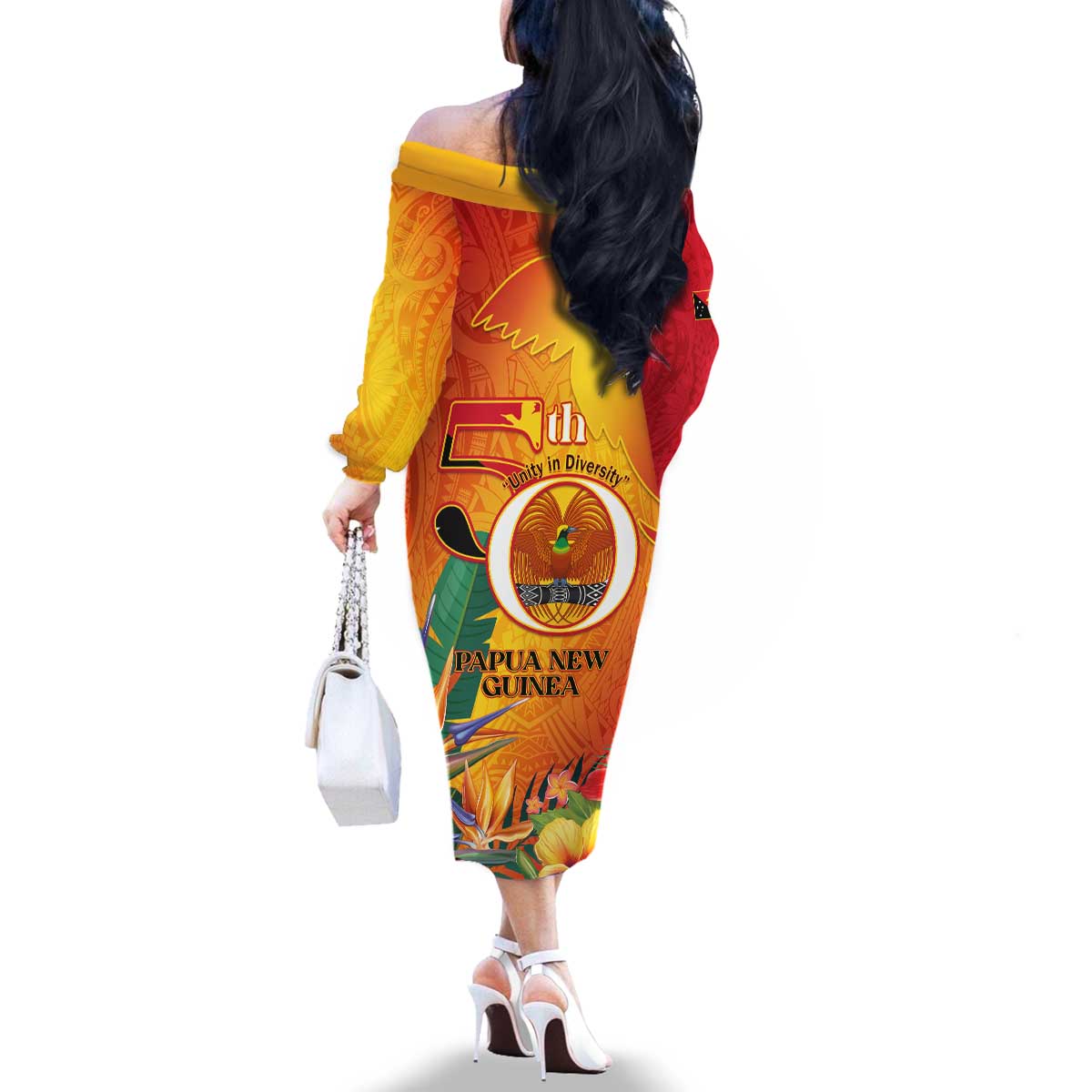 Papua New Guinea Independence Day Family Matching Off The Shoulder Long Sleeve Dress and Hawaiian Shirt 50th Anniversary Unity in Diversity