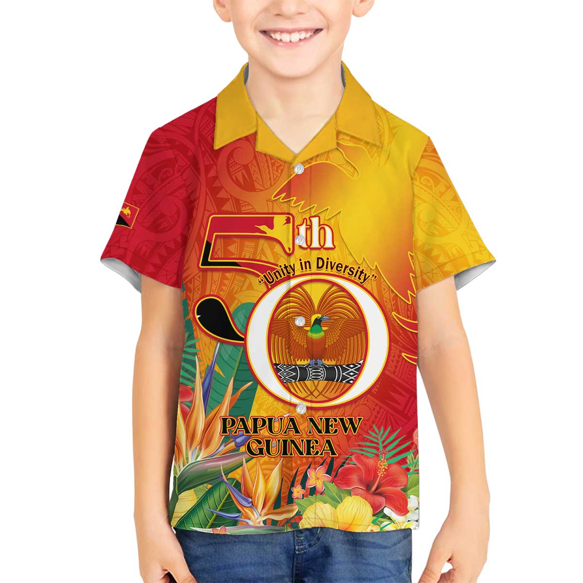 Papua New Guinea Independence Day Family Matching Off The Shoulder Long Sleeve Dress and Hawaiian Shirt 50th Anniversary Unity in Diversity