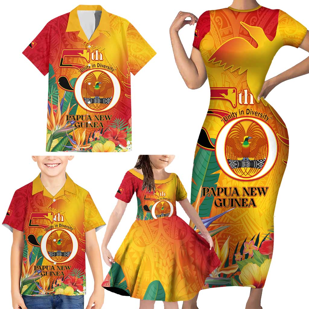 Papua New Guinea Independence Day Family Matching Short Sleeve Bodycon Dress and Hawaiian Shirt 50th Anniversary Unity in Diversity