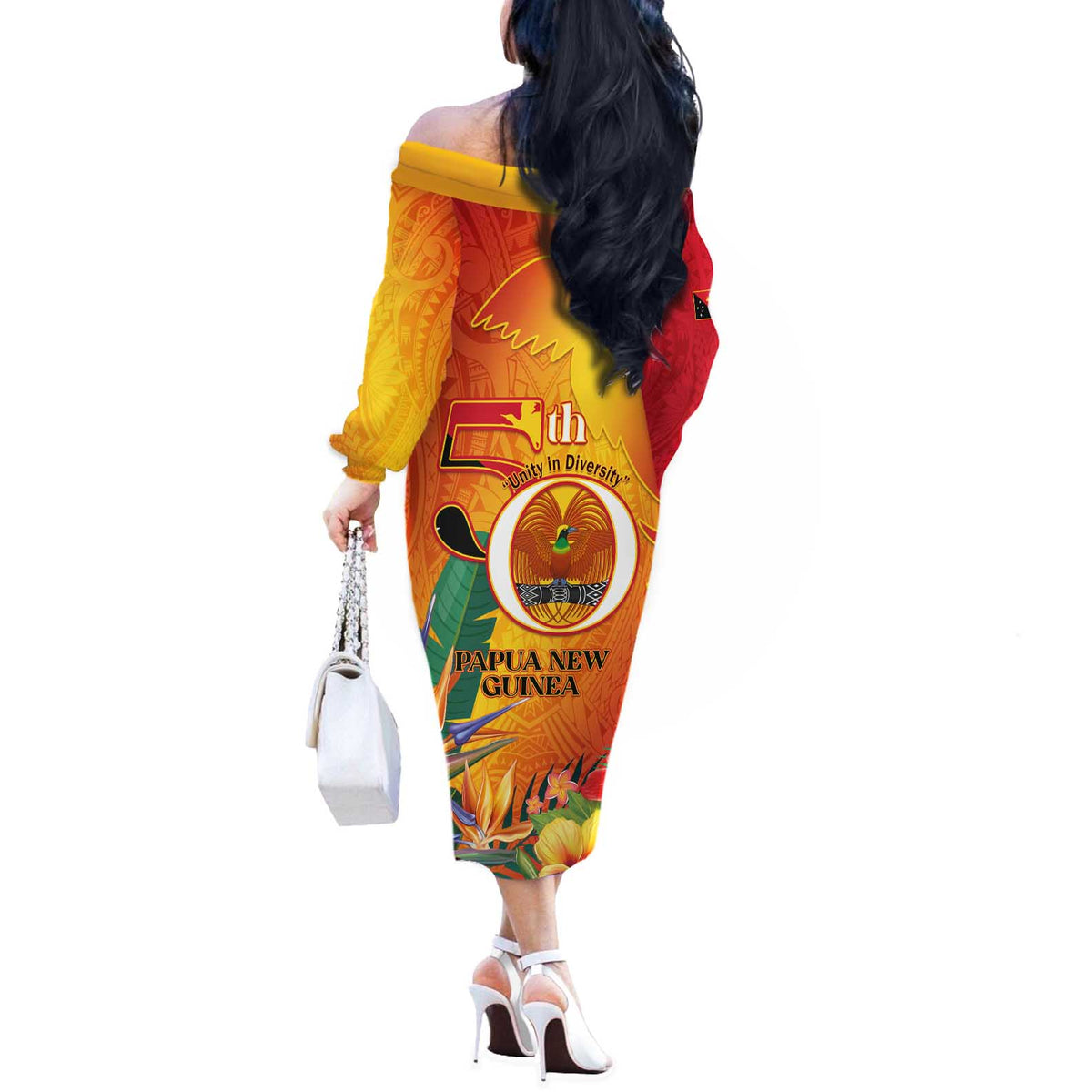 Papua New Guinea Independence Day Off The Shoulder Long Sleeve Dress 50th Anniversary Unity in Diversity