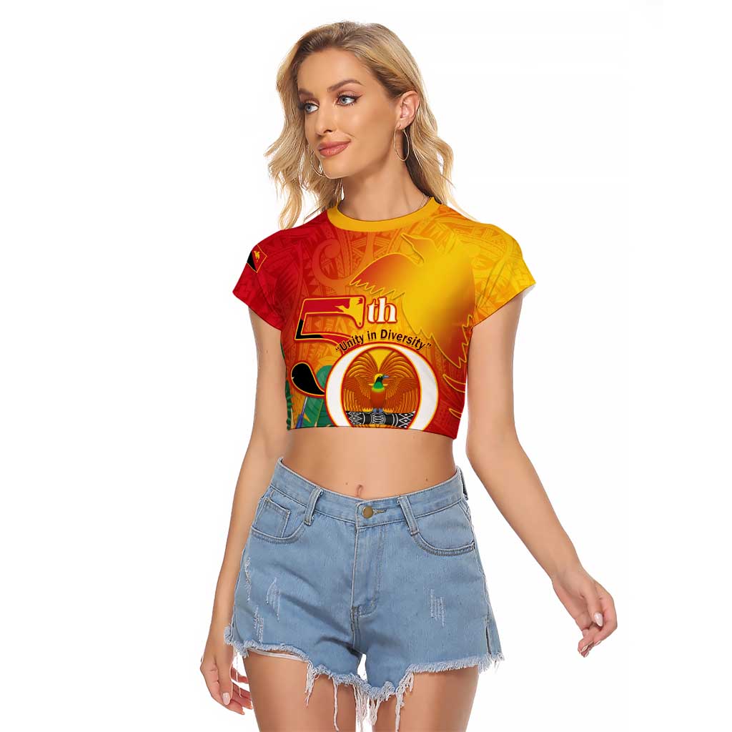Papua New Guinea Independence Day Raglan Cropped T Shirt 50th Anniversary Unity in Diversity LT14 Female Red - Polynesian Pride