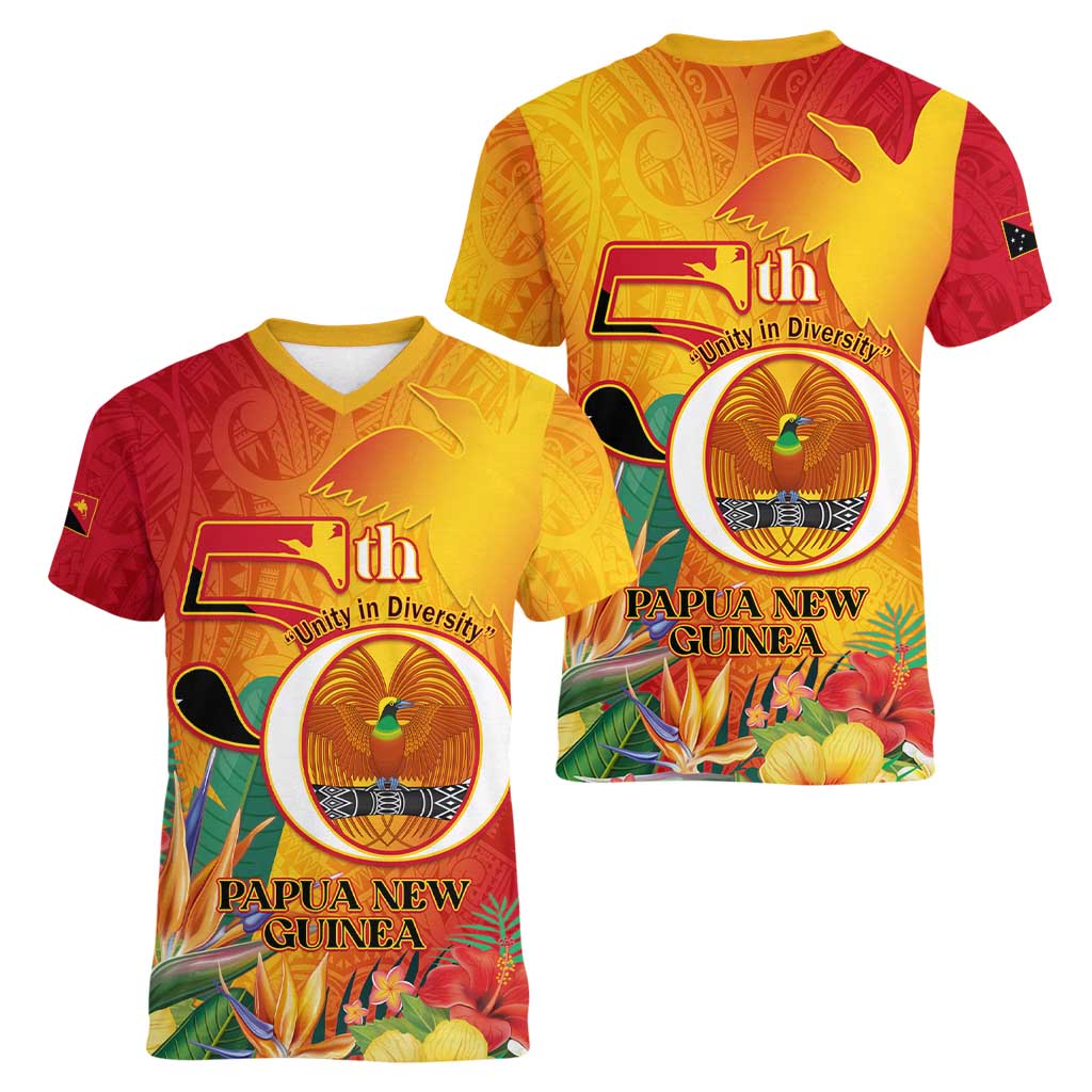 Papua New Guinea Independence Day Women V-Neck T-Shirt 50th Anniversary Unity in Diversity LT14 - Polynesian Pride
