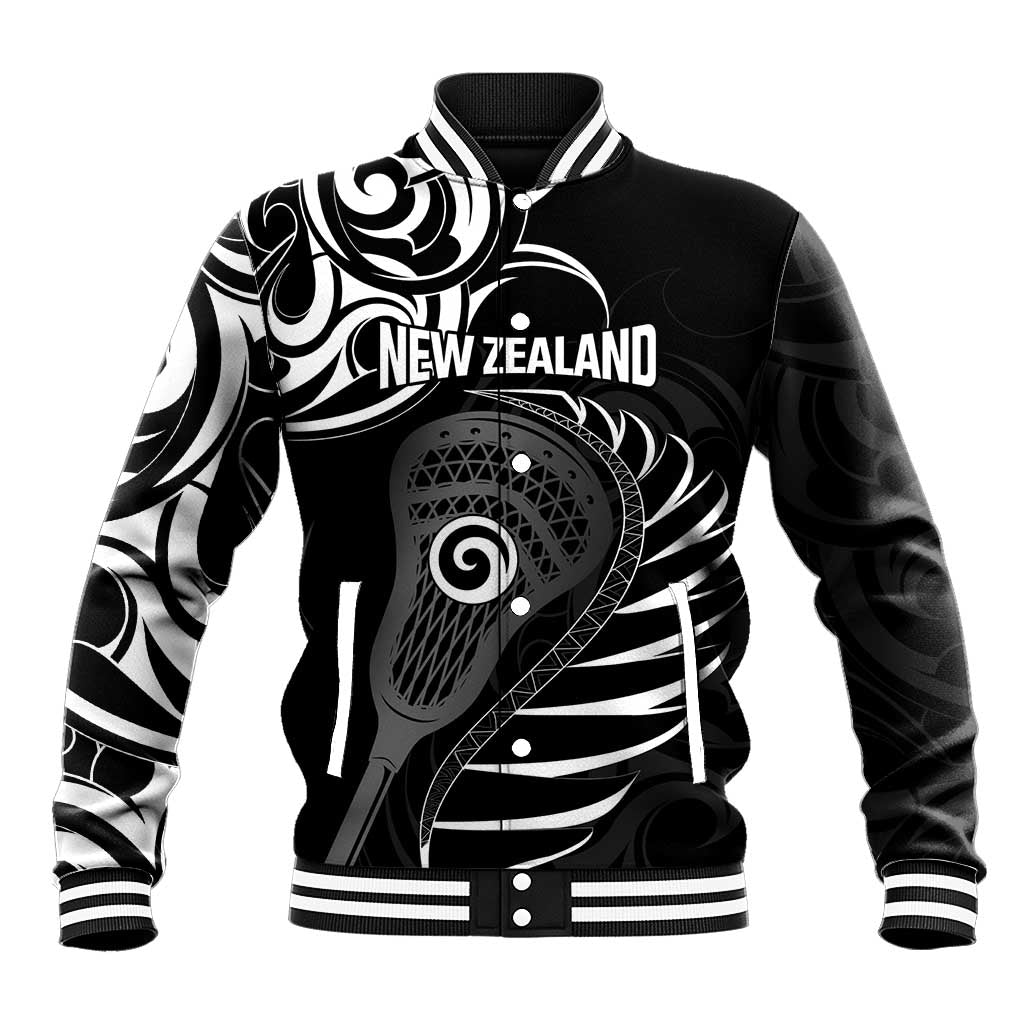 Personalised New Zealand Silver Fern Lacrosse Baseball Jacket Aotearoa Maori Pattern LT14 Unisex Black - Polynesian Pride