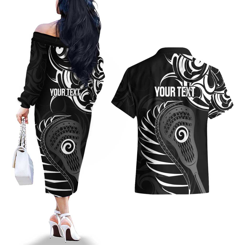 Personalised New Zealand Silver Fern Lacrosse Couples Matching Off The Shoulder Long Sleeve Dress and Hawaiian Shirt Aotearoa Maori Pattern