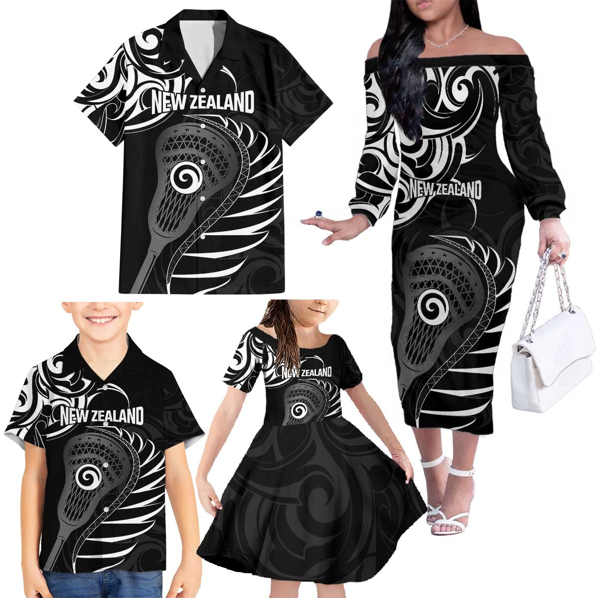 Personalised New Zealand Silver Fern Lacrosse Family Matching Off The Shoulder Long Sleeve Dress and Hawaiian Shirt Aotearoa Maori Pattern