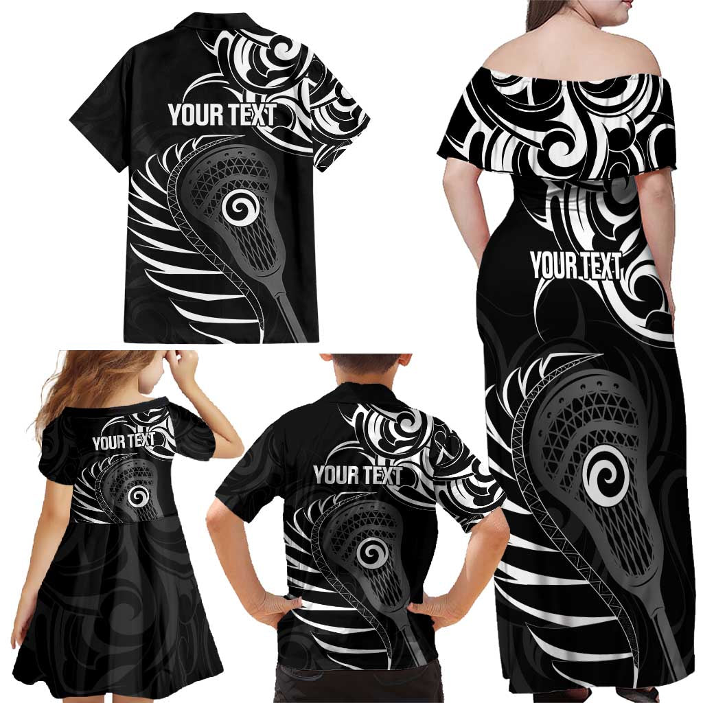 Personalised New Zealand Silver Fern Lacrosse Family Matching Off Shoulder Maxi Dress and Hawaiian Shirt Aotearoa Maori Pattern