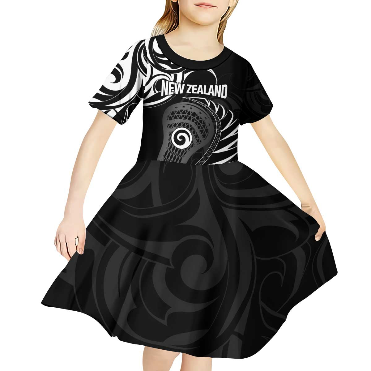 Personalised New Zealand Silver Fern Lacrosse Kid Short Sleeve Dress Aotearoa Maori Pattern