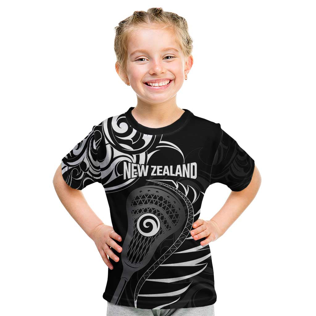 Personalised New Zealand Silver Fern Lacrosse Kid T Shirt Aotearoa Maori Pattern