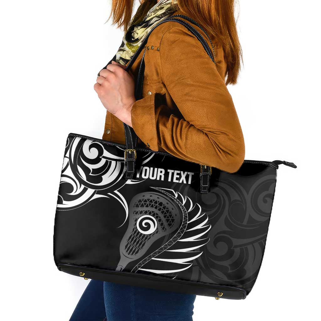 Personalised New Zealand Silver Fern Lacrosse Leather Tote Bag Aotearoa Maori Pattern LT14 Black - Polynesian Pride