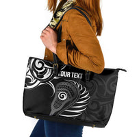 Personalised New Zealand Silver Fern Lacrosse Leather Tote Bag Aotearoa Maori Pattern LT14 Black - Polynesian Pride