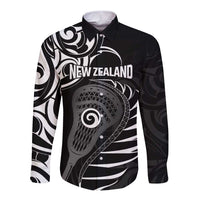 Personalised New Zealand Silver Fern Lacrosse Long Sleeve Button Shirt Aotearoa Maori Pattern LT14 Unisex Black - Polynesian Pride