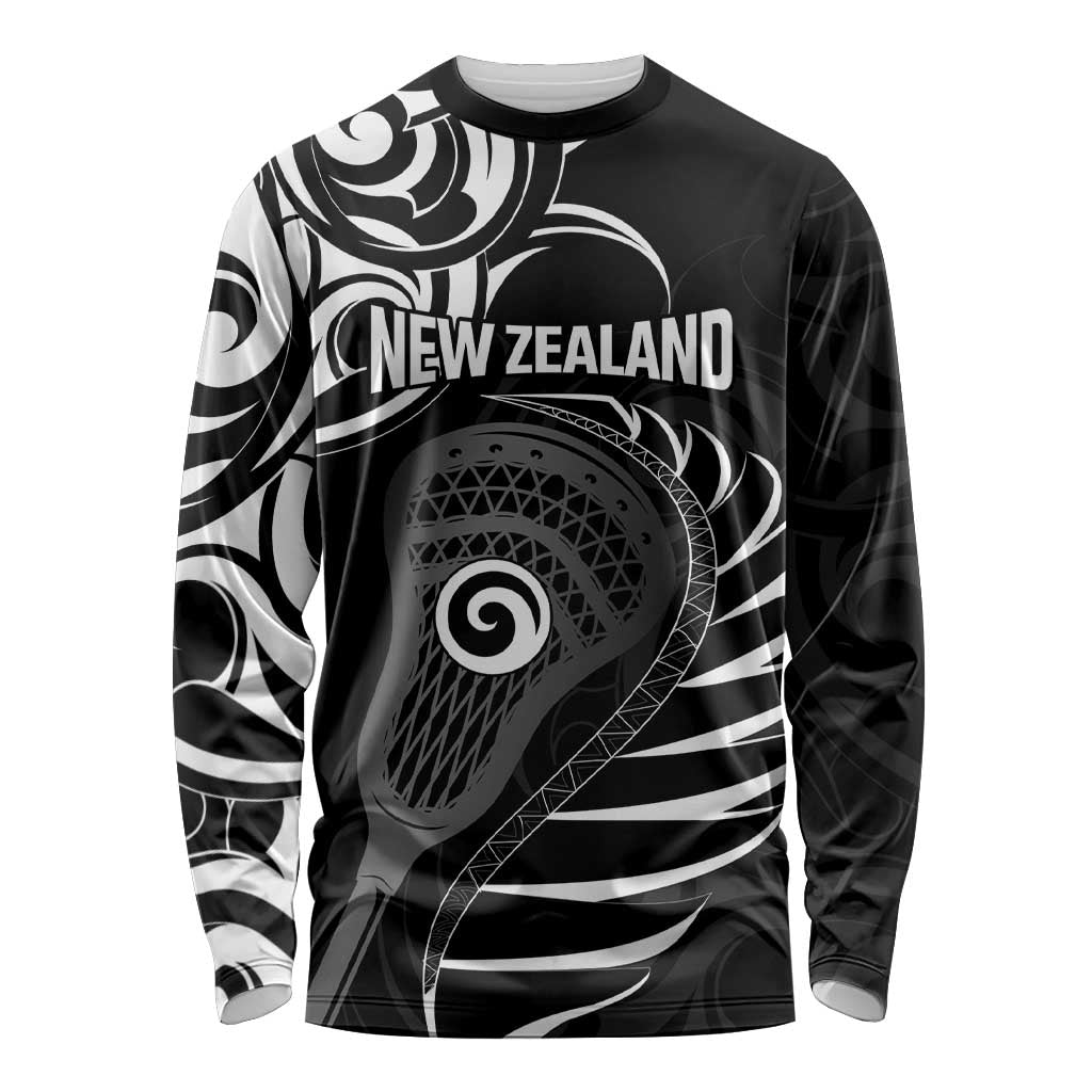 Personalised New Zealand Silver Fern Lacrosse Long Sleeve Shirt Aotearoa Maori Pattern LT14 Unisex Black - Polynesian Pride