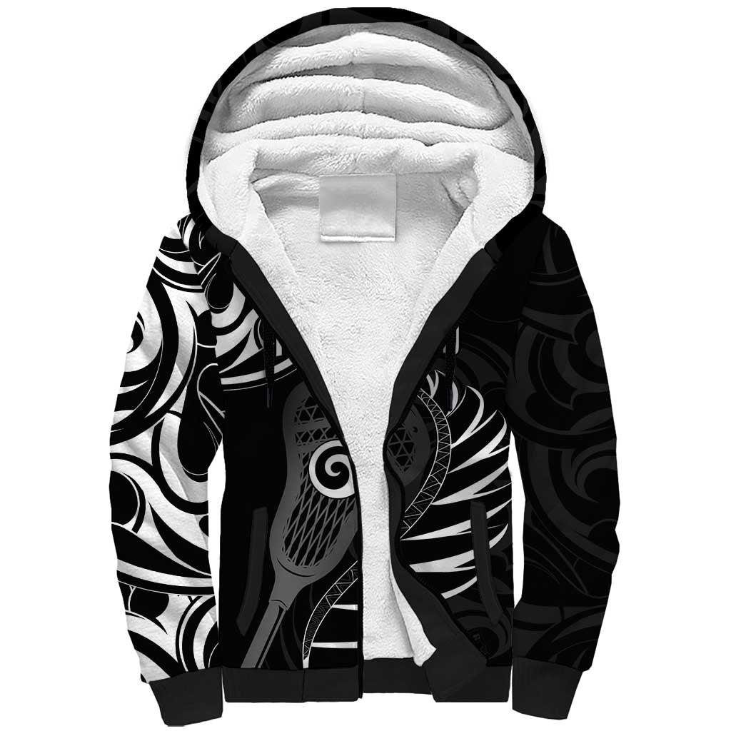 Personalised New Zealand Silver Fern Lacrosse Sherpa Hoodie Aotearoa Maori Pattern LT14 Unisex Black - Polynesian Pride