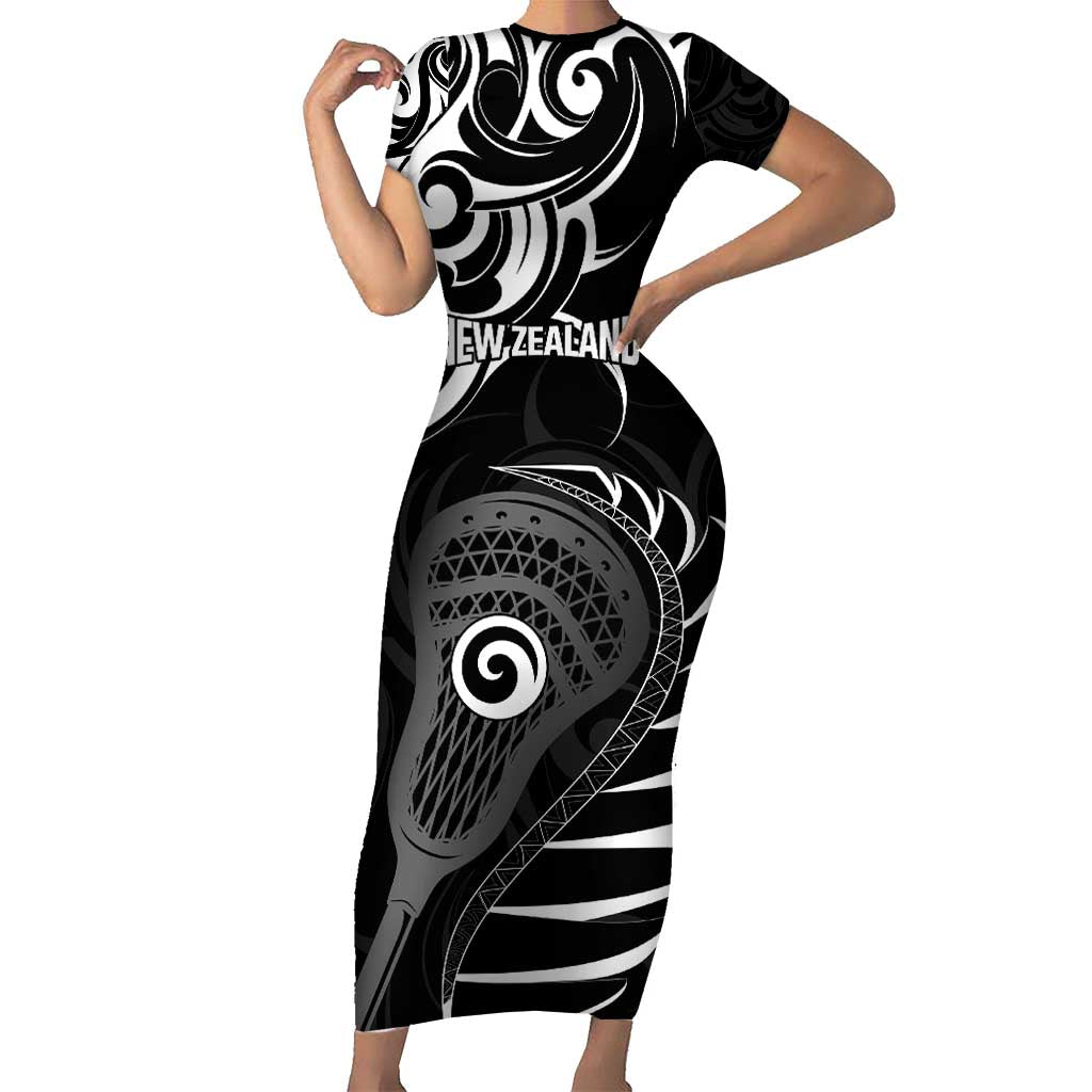 Personalised New Zealand Silver Fern Lacrosse Short Sleeve Bodycon Dress Aotearoa Maori Pattern