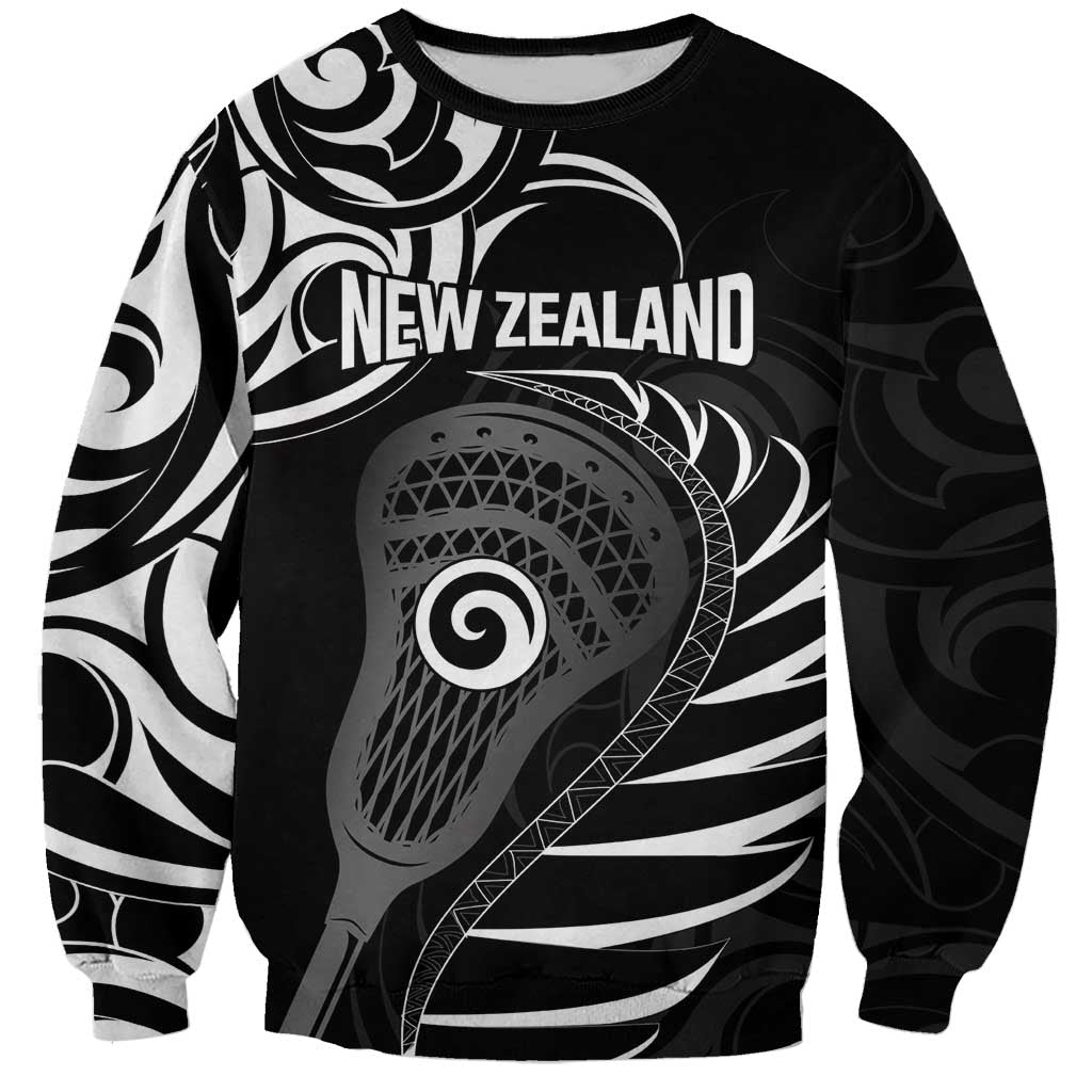 Personalised New Zealand Silver Fern Lacrosse Sweatshirt Aotearoa Maori Pattern LT14 Unisex Black - Polynesian Pride