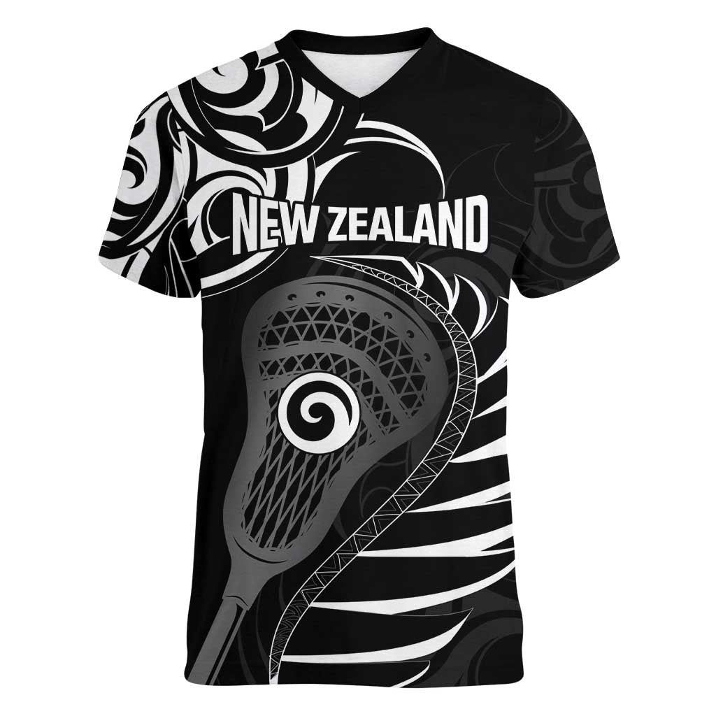 Personalised New Zealand Silver Fern Lacrosse Women V-Neck T-Shirt Aotearoa Maori Pattern