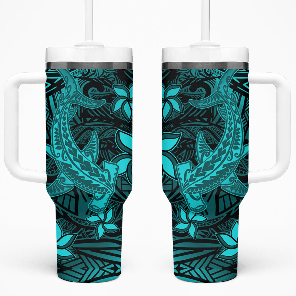 Polynesian Tumbler With Handle Turquoise Hawaiian Tribal Hammerhead Shark