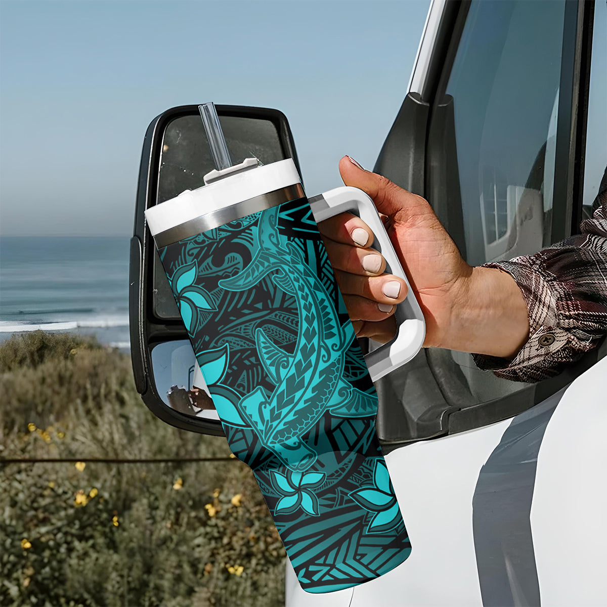 Polynesian Tumbler With Handle Turquoise Hawaiian Tribal Hammerhead Shark