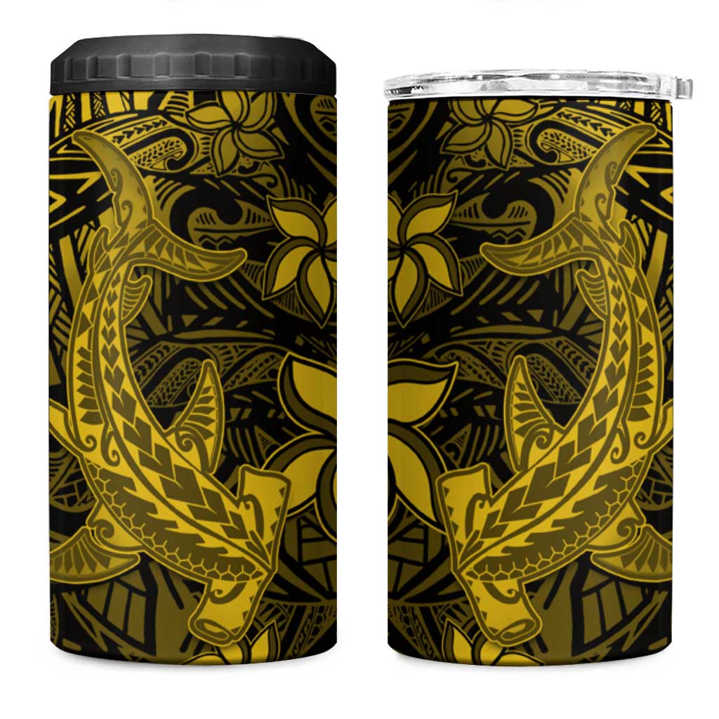 Polynesian 4 in 1 Can Cooler Tumbler Gold Hawaiian Tribal Hammerhead Shark