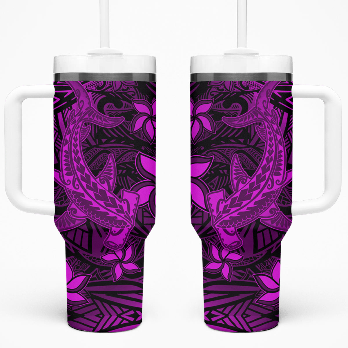 Polynesian Tumbler With Handle Pink Hawaiian Tribal Hammerhead Shark