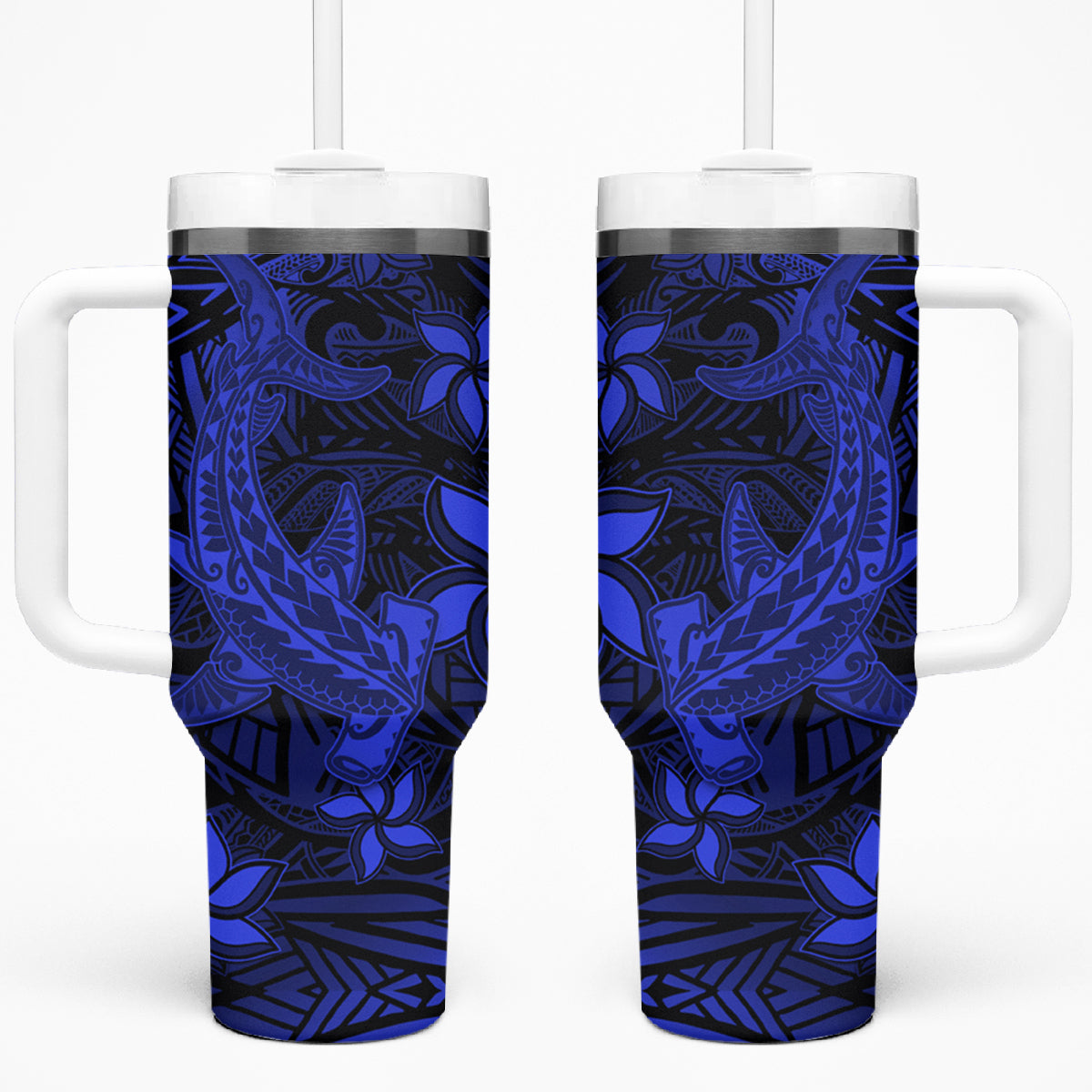 Polynesian Tumbler With Handle Blue Hawaiian Tribal Hammerhead Shark