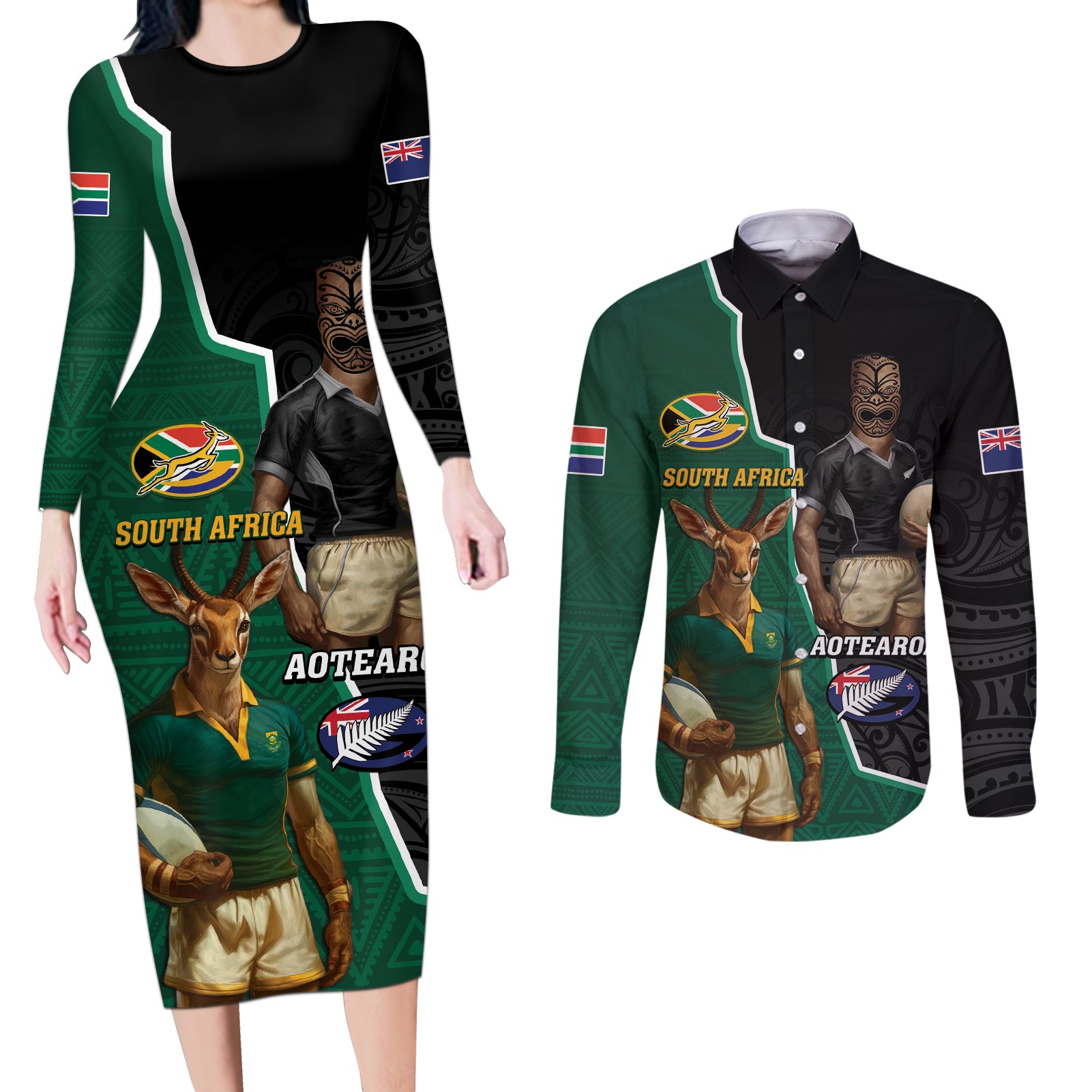 Personalised New Zealand And South Africa Rugby Couples Matching Long Sleeve Bodycon Dress and Long Sleeve Button Shirt 2024 All Black Springboks Mascots Together