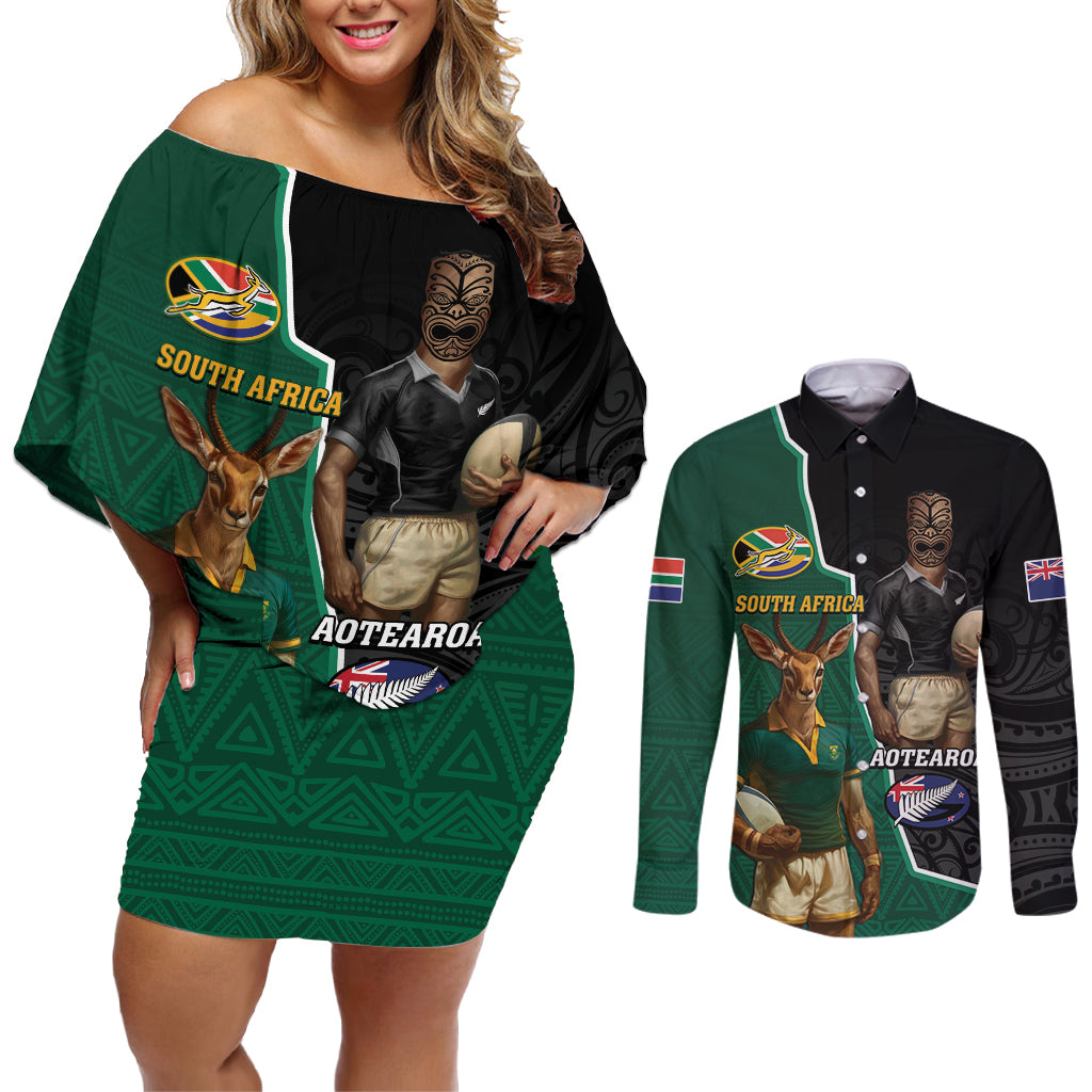 Personalised New Zealand And South Africa Rugby Couples Matching Off Shoulder Short Dress and Long Sleeve Button Shirt 2024 All Black Springboks Mascots Together