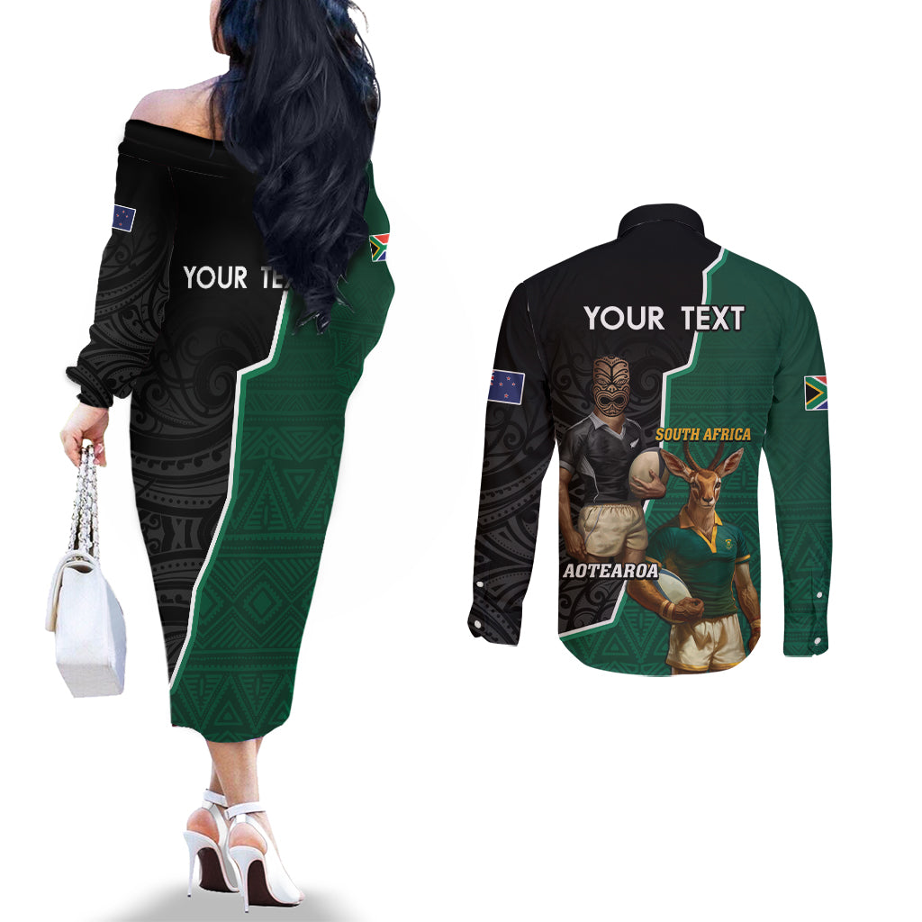 Personalised New Zealand And South Africa Rugby Couples Matching Off The Shoulder Long Sleeve Dress and Long Sleeve Button Shirt 2024 All Black Springboks Mascots Together