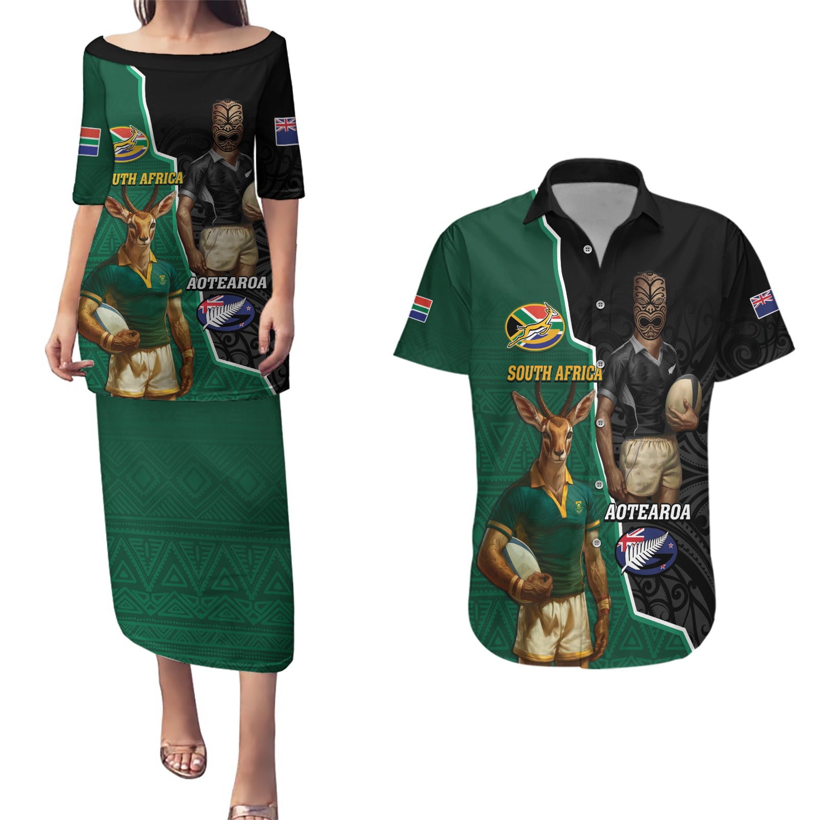 Personalised New Zealand And South Africa Rugby Couples Matching Puletasi and Hawaiian Shirt 2024 All Black Springboks Mascots Together