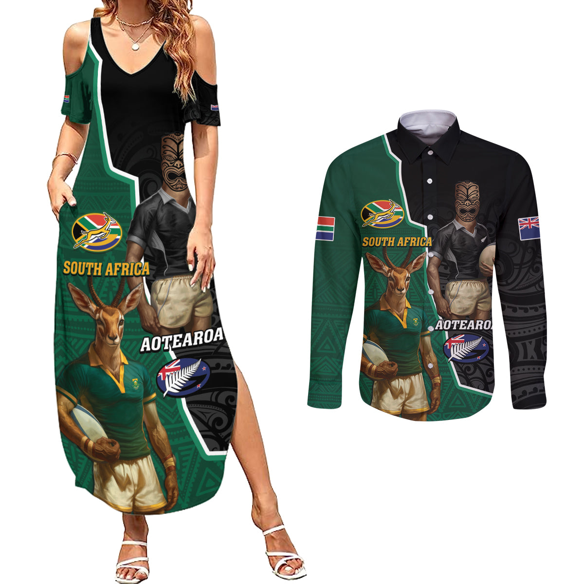 Personalised New Zealand And South Africa Rugby Couples Matching Summer Maxi Dress and Long Sleeve Button Shirt 2024 All Black Springboks Mascots Together